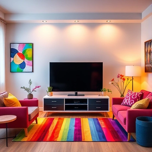 A vibrant living room scene featuring a modern flat-screen TV as the focal point, surrounded by colorful decorative elements like abstract art, colorful throw pillows, and a rainbow-colored rug, with warm ambient lighting enhancing the cheerful atmosphere