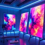 A futuristic digital art studio with glowing holographic canvases displaying vibrant, abstract color patterns that shift and evolve in real time, surrounded by floating AI brushes and neural network-inspired light trails, soft ambient lighting, ultra-detailed, cinematic composition, no text or labels