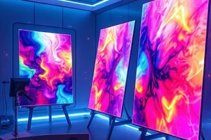 A futuristic digital art studio with glowing holographic canvases displaying vibrant, abstract color patterns that shift and evolve in real time, surrounded by floating AI brushes and neural network-inspired light trails, soft ambient lighting, ultra-detailed, cinematic composition, no text or labels