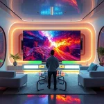 A futuristic living room with a massive ultra-thin OLED TV displaying vibrant, immersive content, surrounded by ambient lighting, sleek modern furniture, and a sense of awe as a person watches in wonder, conveying next-generation television experience