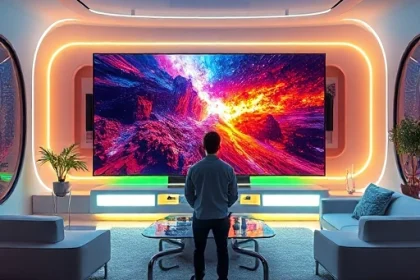 A futuristic living room with a massive ultra-thin OLED TV displaying vibrant, immersive content, surrounded by ambient lighting, sleek modern furniture, and a sense of awe as a person watches in wonder, conveying next-generation television experience