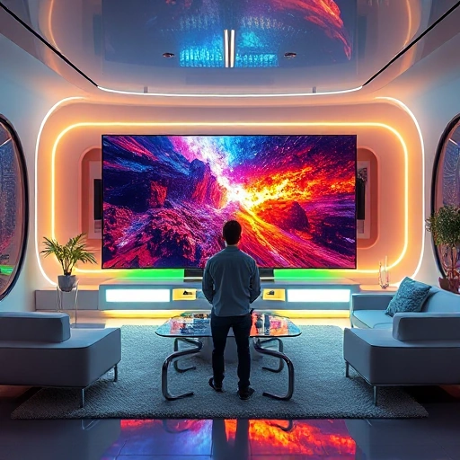 A futuristic living room with a massive ultra-thin OLED TV displaying vibrant, immersive content, surrounded by ambient lighting, sleek modern furniture, and a sense of awe as a person watches in wonder, conveying next-generation television experience