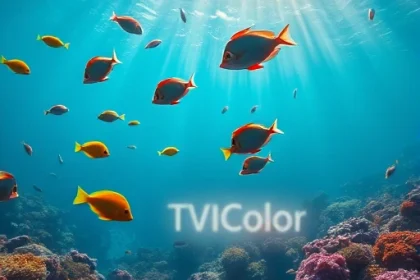 A vibrant underwater scene with colorful tropical fish swimming among coral reefs, soft rays of sunlight filtering through the water, and a subtle glowing effect suggesting the name 'TVIColor' as a luminous aura in the background, no text or letters visible
