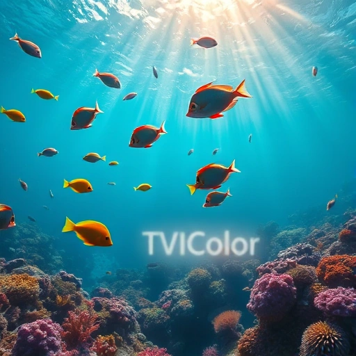 A vibrant underwater scene with colorful tropical fish swimming among coral reefs, soft rays of sunlight filtering through the water, and a subtle glowing effect suggesting the name 'TVIColor' as a luminous aura in the background, no text or letters visible