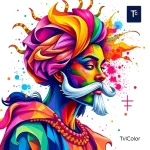 A vibrant, modern digital artwork showcasing a dynamic transformation of traditional art into vivid, colorful digital pieces, with a sleek TVIColor logo subtly integrated in the background, emphasizing creativity and innovation in art