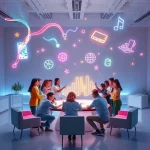 A vibrant, futuristic studio space filled with glowing holographic ideas floating in mid-air — colorful light ribbons, abstract shapes, and digital sparks forming into tangible objects like a prototype phone, a sketch of a building, and a musical note turning into soundwaves. In the center, a diverse group of people of different ages and ethnicities collaborate around a central holographic table, smiling and pointing at the creations. Soft ambient lighting, sleek minimalist furniture, and subtle