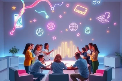 A vibrant, futuristic studio space filled with glowing holographic ideas floating in mid-air — colorful light ribbons, abstract shapes, and digital sparks forming into tangible objects like a prototype phone, a sketch of a building, and a musical note turning into soundwaves. In the center, a diverse group of people of different ages and ethnicities collaborate around a central holographic table, smiling and pointing at the creations. Soft ambient lighting, sleek minimalist furniture, and subtle