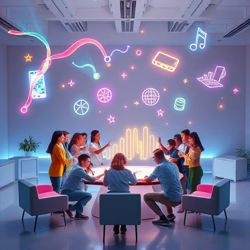 A vibrant, futuristic studio space filled with glowing holographic ideas floating in mid-air — colorful light ribbons, abstract shapes, and digital sparks forming into tangible objects like a prototype phone, a sketch of a building, and a musical note turning into soundwaves. In the center, a diverse group of people of different ages and ethnicities collaborate around a central holographic table, smiling and pointing at the creations. Soft ambient lighting, sleek minimalist furniture, and subtle