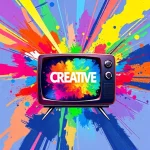 A vibrant, abstract illustration of a colorful TV screen radiating creative energy, with paint splashes, light beams, and geometric patterns emerging from it, symbolizing creativity and inspiration, modern digital art style, high detail, no text or letters