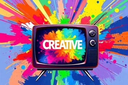 A vibrant, abstract illustration of a colorful TV screen radiating creative energy, with paint splashes, light beams, and geometric patterns emerging from it, symbolizing creativity and inspiration, modern digital art style, high detail, no text or letters