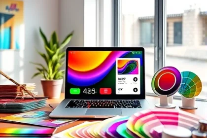 A vibrant, modern design studio scene featuring a sleek laptop displaying colorful UI/UX mockups with bold gradients and dynamic color palettes, surrounded by physical swatches of paint, fabric, and digital color wheels, all illuminated by soft natural light from a large window, emphasizing creativity and precision in color application