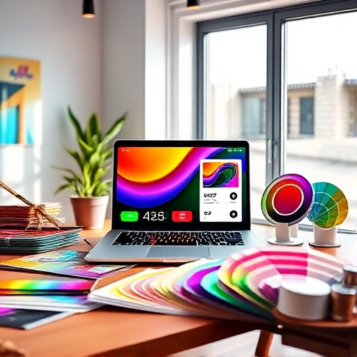 A vibrant, modern design studio scene featuring a sleek laptop displaying colorful UI/UX mockups with bold gradients and dynamic color palettes, surrounded by physical swatches of paint, fabric, and digital color wheels, all illuminated by soft natural light from a large window, emphasizing creativity and precision in color application