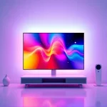A vibrant, high-resolution illustration of a modern flat‑screen TV displaying a colorful, high‑definition image, surrounded by a subtle glow. The scene includes stylized color enhancement curves and gradient overlays, rendered in a clean, minimalistic composition with soft lighting and a slightly futuristic aesthetic.