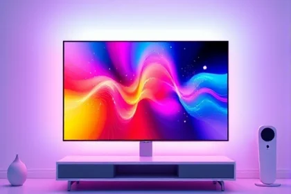 A vibrant, high-resolution illustration of a modern flat‑screen TV displaying a colorful, high‑definition image, surrounded by a subtle glow. The scene includes stylized color enhancement curves and gradient overlays, rendered in a clean, minimalistic composition with soft lighting and a slightly futuristic aesthetic.