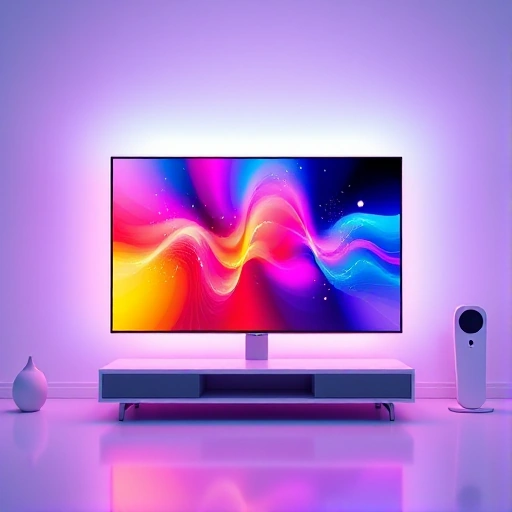 A vibrant, high-resolution illustration of a modern flat‑screen TV displaying a colorful, high‑definition image, surrounded by a subtle glow. The scene includes stylized color enhancement curves and gradient overlays, rendered in a clean, minimalistic composition with soft lighting and a slightly futuristic aesthetic.