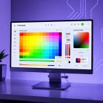 A modern, sleek digital tool interface named 'TVIColor' displayed on a high-resolution computer screen, showing vibrant color palettes, gradient sliders, and real-time color preview widgets, with a clean minimalist UI design, soft ambient lighting, and a subtle tech-inspired background, emphasizing precision and creativity in color selection