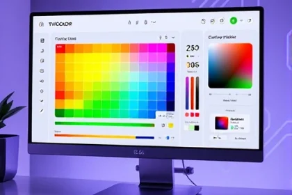A modern, sleek digital tool interface named 'TVIColor' displayed on a high-resolution computer screen, showing vibrant color palettes, gradient sliders, and real-time color preview widgets, with a clean minimalist UI design, soft ambient lighting, and a subtle tech-inspired background, emphasizing precision and creativity in color selection