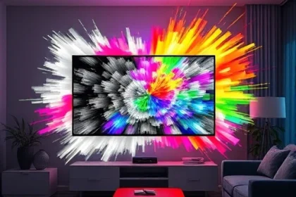 A vibrant, dynamic scene showing a television screen transforming from black-and-white to vivid, lifelike colors, with animated color waves bursting outward and illuminating a modern living room setting, symbolizing the TVIColor technology