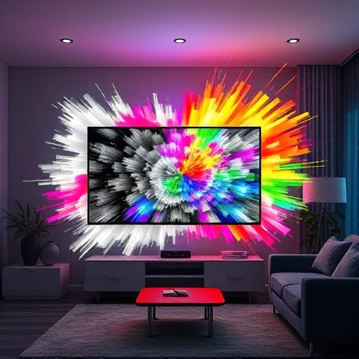 A vibrant, dynamic scene showing a television screen transforming from black-and-white to vivid, lifelike colors, with animated color waves bursting outward and illuminating a modern living room setting, symbolizing the TVIColor technology