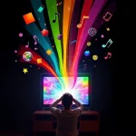 A vibrant, imaginative scene of a person opening a glowing TV screen that releases colorful streams of light, shapes, and floating ideas like paint, music notes, and geometric patterns into a dark room, symbolizing creativity unleashed