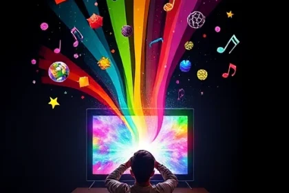 A vibrant, imaginative scene of a person opening a glowing TV screen that releases colorful streams of light, shapes, and floating ideas like paint, music notes, and geometric patterns into a dark room, symbolizing creativity unleashed