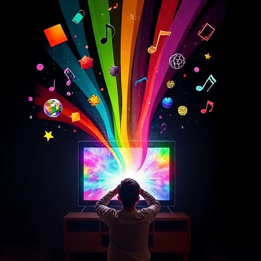 A vibrant, imaginative scene of a person opening a glowing TV screen that releases colorful streams of light, shapes, and floating ideas like paint, music notes, and geometric patterns into a dark room, symbolizing creativity unleashed