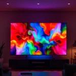 A modern television screen displaying vibrant, colorful abstract patterns with rich reds, blues, greens, and yellows, glowing softly in a dimly lit living room, emphasizing the TVIColor technology enhancing visual experience, no text, no letters, no digits, no UI elements, no brand logos, no remote controls, no people, no furniture details beyond soft ambient lighting