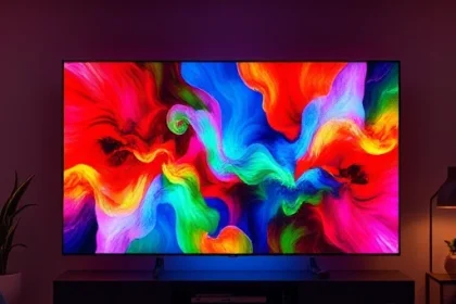 A modern television screen displaying vibrant, colorful abstract patterns with rich reds, blues, greens, and yellows, glowing softly in a dimly lit living room, emphasizing the TVIColor technology enhancing visual experience, no text, no letters, no digits, no UI elements, no brand logos, no remote controls, no people, no furniture details beyond soft ambient lighting