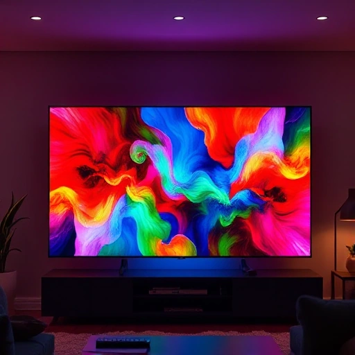 A modern television screen displaying vibrant, colorful abstract patterns with rich reds, blues, greens, and yellows, glowing softly in a dimly lit living room, emphasizing the TVIColor technology enhancing visual experience, no text, no letters, no digits, no UI elements, no brand logos, no remote controls, no people, no furniture details beyond soft ambient lighting