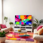 A vibrant living room scene with a modern TV displaying colorful abstract patterns, surrounded by bright decorative cushions, a colorful rug, and potted plants, creating a lively and cheerful atmosphere