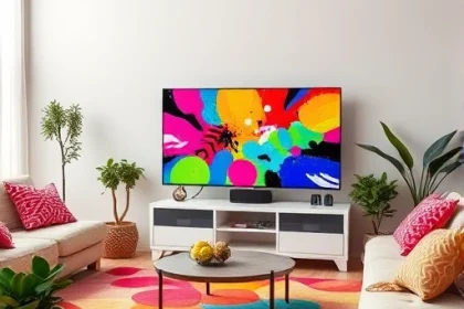 A vibrant living room scene with a modern TV displaying colorful abstract patterns, surrounded by bright decorative cushions, a colorful rug, and potted plants, creating a lively and cheerful atmosphere