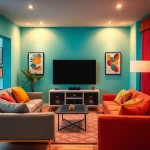 A cozy living room with a television as the focal point, walls painted in vibrant, cheerful colors like teal, coral, or mustard yellow, colorful throw pillows and a patterned rug adding to the lively atmosphere, modern furniture with sleek lines, soft ambient lighting, and a clean, inviting layout that highlights the TV as a centerpiece for entertainment and relaxation