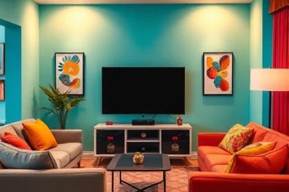 A cozy living room with a television as the focal point, walls painted in vibrant, cheerful colors like teal, coral, or mustard yellow, colorful throw pillows and a patterned rug adding to the lively atmosphere, modern furniture with sleek lines, soft ambient lighting, and a clean, inviting layout that highlights the TV as a centerpiece for entertainment and relaxation