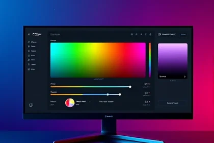 A modern, sleek digital design interface titled 'TVIColor: The Ultimate Design Tool' displayed on a high-resolution screen, showing vibrant color palettes, gradient sliders, and real-time preview of UI elements like buttons and cards; the interface is minimalist with clean lines, soft shadows, and a dark mode aesthetic with accent colors in electric blue, magenta, and lime green; subtle floating particles and light glows suggest dynamic color interaction; background is a blurred gradient of deep