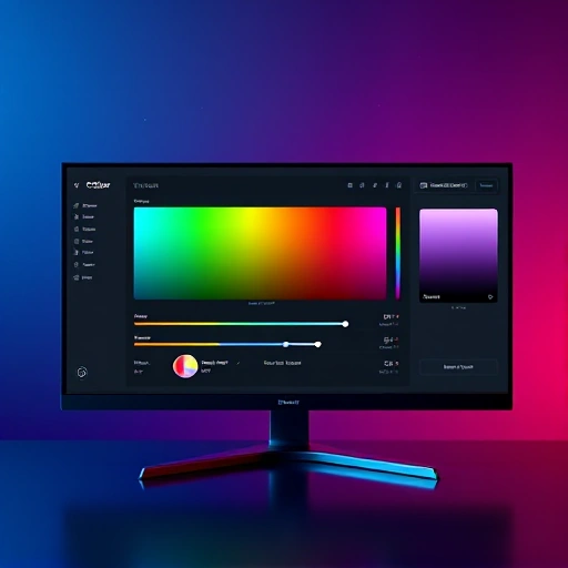 A modern, sleek digital design interface titled 'TVIColor: The Ultimate Design Tool' displayed on a high-resolution screen, showing vibrant color palettes, gradient sliders, and real-time preview of UI elements like buttons and cards; the interface is minimalist with clean lines, soft shadows, and a dark mode aesthetic with accent colors in electric blue, magenta, and lime green; subtle floating particles and light glows suggest dynamic color interaction; background is a blurred gradient of deep