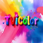 A vibrant, abstract composition featuring colorful paint splatters and gradients forming the letters 'TVIColor' in a playful, artistic style, with brush strokes and digital texture blending into a dynamic background of rainbow hues and soft light flares