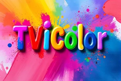 A vibrant, abstract composition featuring colorful paint splatters and gradients forming the letters 'TVIColor' in a playful, artistic style, with brush strokes and digital texture blending into a dynamic background of rainbow hues and soft light flares