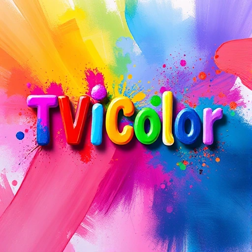 A vibrant, abstract composition featuring colorful paint splatters and gradients forming the letters 'TVIColor' in a playful, artistic style, with brush strokes and digital texture blending into a dynamic background of rainbow hues and soft light flares