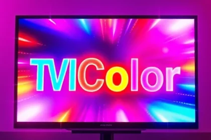 A vibrant, futuristic television screen displaying the bold text 'TVIColor' in dynamic, glowing colors with abstract light patterns and digital effects, symbolizing the power of vivid color technology in broadcasting, smallHQ