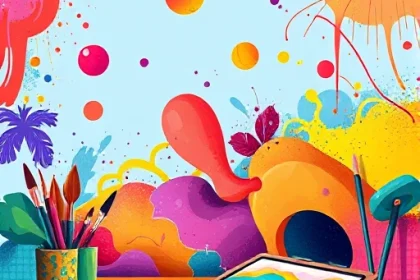 A vibrant, imaginative scene showcasing creative expression through TVIColor, featuring colorful abstract shapes, dynamic brushstrokes, and artistic tools like paintbrushes and digital tablets, with a modern, energetic atmosphere