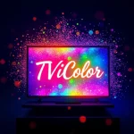 A vibrant, magical scene featuring a glowing TV screen emitting colorful light waves that transform into floating, shimmering particles forming the word 'TVIColor' in elegant, flowing script, surrounded by soft bokeh orbs of rainbow hues, subtle lens flares, and a dreamy, ethereal atmosphere with a dark gradient background fading from deep indigo to midnight blue, evoking wonder and digital enchantment