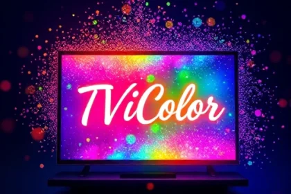 A vibrant, magical scene featuring a glowing TV screen emitting colorful light waves that transform into floating, shimmering particles forming the word 'TVIColor' in elegant, flowing script, surrounded by soft bokeh orbs of rainbow hues, subtle lens flares, and a dreamy, ethereal atmosphere with a dark gradient background fading from deep indigo to midnight blue, evoking wonder and digital enchantment