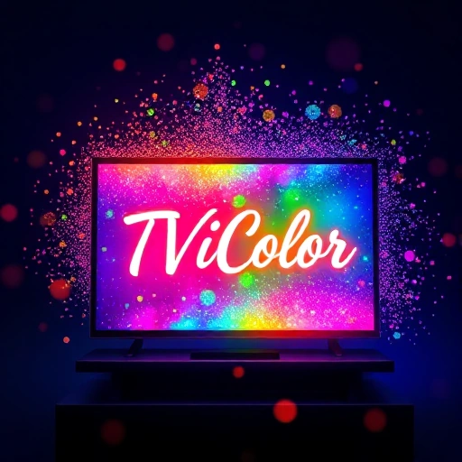 A vibrant, magical scene featuring a glowing TV screen emitting colorful light waves that transform into floating, shimmering particles forming the word 'TVIColor' in elegant, flowing script, surrounded by soft bokeh orbs of rainbow hues, subtle lens flares, and a dreamy, ethereal atmosphere with a dark gradient background fading from deep indigo to midnight blue, evoking wonder and digital enchantment