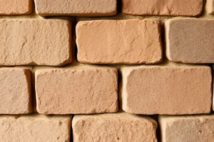 A traditional ceramic brick used for building a sauna, shown in detail with visible texture and earthy tones, arranged in a rustic construction pattern