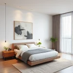 A modern bedroom interior with minimalist design, neutral color palette, clean lines, a low-profile platform bed, a sleek wooden nightstand, a large abstract art piece on the wall, a floor-to-ceiling window with sheer curtains, a small indoor plant, and subtle ambient lighting