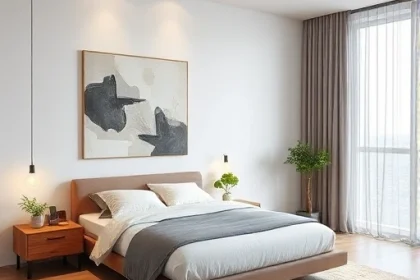 A modern bedroom interior with minimalist design, neutral color palette, clean lines, a low-profile platform bed, a sleek wooden nightstand, a large abstract art piece on the wall, a floor-to-ceiling window with sheer curtains, a small indoor plant, and subtle ambient lighting