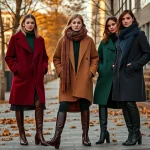A modern fashion photoshoot featuring the new TVIColor autumn-winter collection: models wearing stylish coats, knit sweaters, scarves, and boots in rich seasonal colors like burgundy, forest green, deep navy, and charcoal gray, standing in an urban outdoor setting with fallen leaves and soft golden hour lighting, high detail, realistic textures, elegant and contemporary style