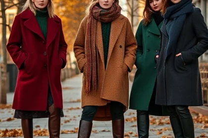 A modern fashion photoshoot featuring the new TVIColor autumn-winter collection: models wearing stylish coats, knit sweaters, scarves, and boots in rich seasonal colors like burgundy, forest green, deep navy, and charcoal gray, standing in an urban outdoor setting with fallen leaves and soft golden hour lighting, high detail, realistic textures, elegant and contemporary style