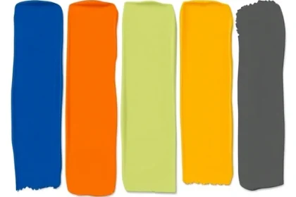A vibrant, high-quality illustration showing five popular paint colors from TVIColor displayed as elegant, glossy paint swatches arranged in a horizontal row on a clean white background. Each swatch is a smooth, rounded rectangle with subtle shadow and reflection to emphasize depth and finish. The colors are: deep sapphire blue, warm terracotta orange, soft sage green, rich golden yellow, and elegant charcoal gray. No text, labels, numbers, or logos appear on the swatches or background. The ligh