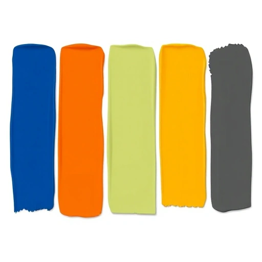 A vibrant, high-quality illustration showing five popular paint colors from TVIColor displayed as elegant, glossy paint swatches arranged in a horizontal row on a clean white background. Each swatch is a smooth, rounded rectangle with subtle shadow and reflection to emphasize depth and finish. The colors are: deep sapphire blue, warm terracotta orange, soft sage green, rich golden yellow, and elegant charcoal gray. No text, labels, numbers, or logos appear on the swatches or background. The ligh